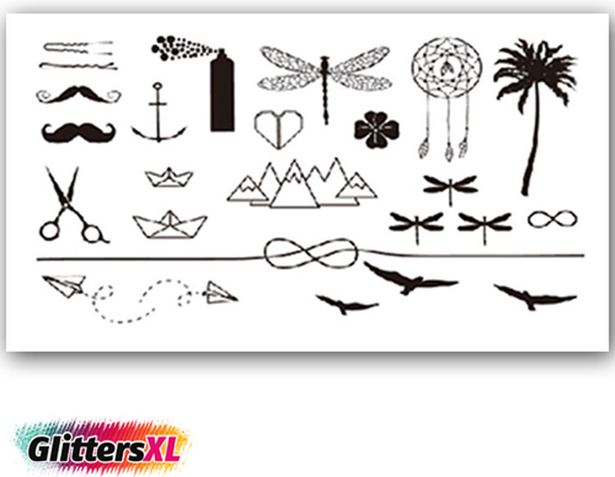 GlittersXL - Temporary Tattoo Vogels/Palmboom/Dromenvanger/Snor (11x6cm) [Neptattoo - Tijdelijke tatoeage - Nep Fake Tattoos - Water overdraagbare festival sticker henna outfit tattoo - Glitter tattoo - Volwassenen Kinderen Jongen Meisje]